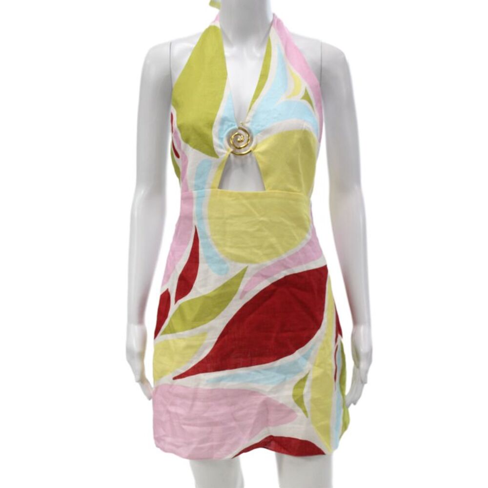 Cala de la Cruz Women Mini Dress Green 100% Linen Halter Sleeveless Tie Size M